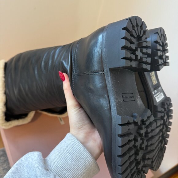 NWT Miu Miu Tall Boots Shearling Black Leather Round Toe Low Block Heels Sz 38 - Picture 11 of 11